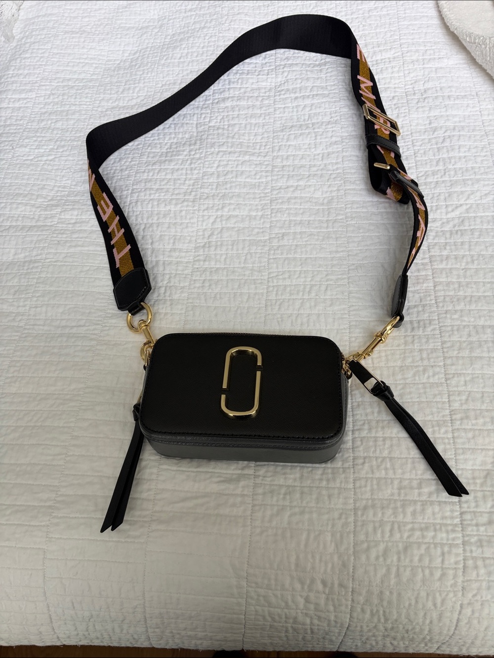 Marc Jacobs Black Crossbody Camera Bag with Gold Accent and Branded Strap